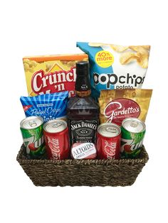 a basket filled with snacks and drinks