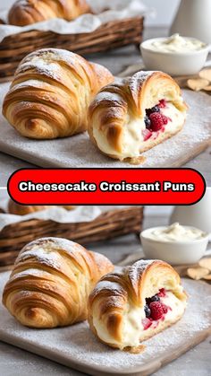 two pictures of croissants with cream cheese and strawberries in the middle