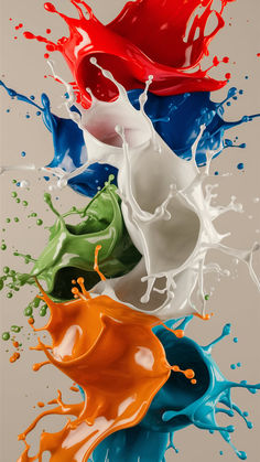 three splashes of colored liquid are in the air