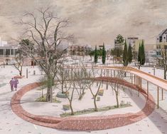 an artist's rendering of a park with trees, benches and people walking in the snow