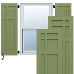 two green shutters are next to an open window and one has a hook on it