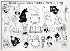 black and white halloween clipart with lots of different things on it, including an open book