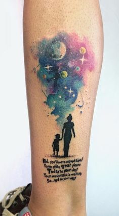 a person with a tattoo on their leg holding a child's hand and the words,