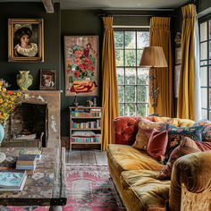 a living room filled with furniture and a fire place next to a painting on the wall