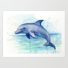 a watercolor painting of a dolphin jumping out of the ocean with blue sky and clouds in the background