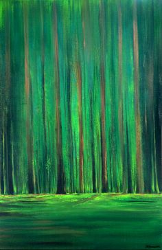 a painting of green trees in the woods