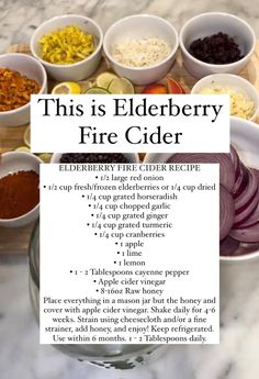 the ingredients for elderberry fire cider recipe in bowls on a marble counter top