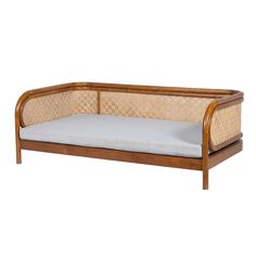 a wooden bench with a cushion on it