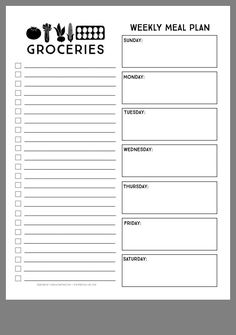 the weekly meal plan is shown in black and white, with an image of food items on