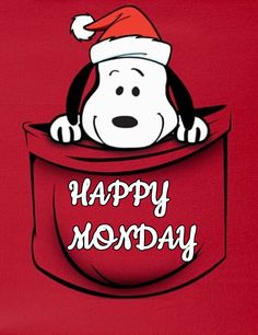 a cartoon dog with a santa hat sitting in the pocket of a red bag that says happy monday