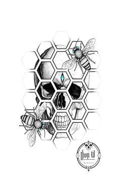 a drawing of a skull with bees and honeycombs on it's face