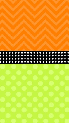 an orange and green chevron background with black polka dots on the bottom right corner