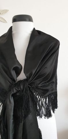 "Vintage 1930s black silk piano shawl with floral embroidery and hand tied fringe border. ....M E A S U R E M E N T.... 101\" in full width 25\" from center of straight edge to tip of fringe 4\" fringe brand/maker: n/a condition; excellent Shipping Is Avaliable Worldwide. Every item is carefully shipped Priority via Air Mail - shipping takes from 7 to 14 working days, depending on your location. Shipping includes Tracking. Come and check out our shop to see all items! https://www.etsy.com/shop/T Traditional Black Shawl For Formal Occasions, Formal Black Shawl Scarves, Embroidery Shawl, Faux Fur Parka, Piano Shawl, Black Piano, Velvet Vest, Embroidered Coat, Fur Cape