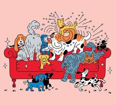 an illustration of dogs on a couch with fireworks coming out of their heads and tails