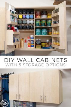 two pictures with the words diy wall cabinets with 5 storage options