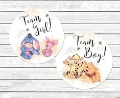 two round stickers with winnie the pooh and tigger on them that say team girl, team boy