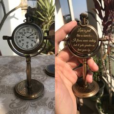 a person holding an antique style clock with a quote on the front and back sides