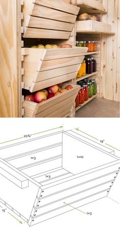 an image of a wooden shelf with apples in it and measurements for the bottom section