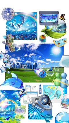 a collage of different images with blue and green colors