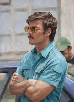 a painting of a man wearing sunglasses and standing in front of a car with his arms crossed