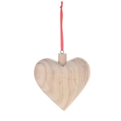 a wooden heart ornament hanging from a red string