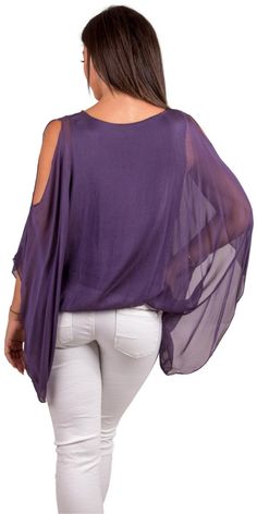 Solid Color Cold-Shoulder Blouse with Balloon Hem and Draped Sleeves. 30% Silk 70% Viscose Fits sizes XS- XL Made in Italy Spring Purple Off-shoulder Top, Drapey Summer Party Top, Purple Off-shoulder Summer Top, Purple Off-shoulder Top For Summer, Stretch Summer Evening Blouse, Chic Stretch Cold Shoulder Blouse, Drapey Evening Blouse, Stretch Summer Blouse For Evening, Stretch Blouse For Summer Evenings