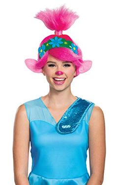 a woman with pink hair wearing a blue dress and a pink hat on top of her head