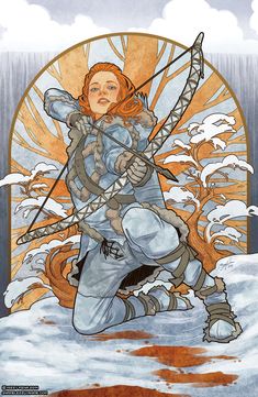 a drawing of a woman with red hair holding a bow and arrow in her hands