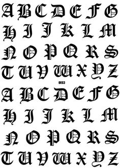 an old english alphabet with the letters and numbers in different styles, all black on white