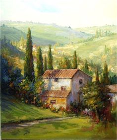 an oil painting of a house in the countryside