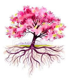 a watercolor painting of a pink tree with roots