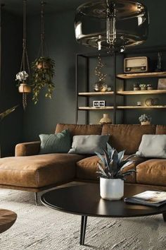 a living room filled with furniture and lots of plants on top of the tables in front of them