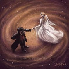 a painting of a man and woman holding hands in front of a star filled sky