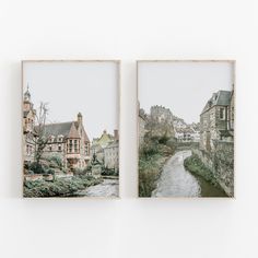 two framed photographs hanging on the wall next to each other with buildings in the background