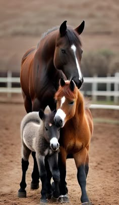 two horses and a foal are standing in the dirt