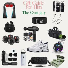 the gym guy gift guide for him is on display in this image, with other items