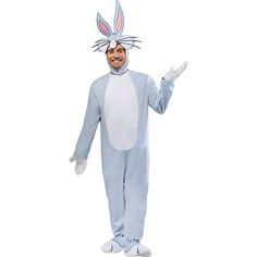 a man in a bunny costume standing with his arms out