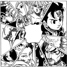 black and white image of an anime scene with many different faces, including one in the middle