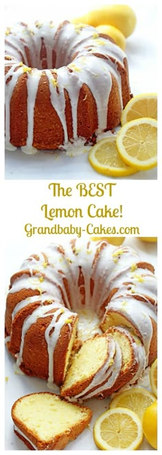 two pictures of a lemon cake with white icing and sliced lemons on the side