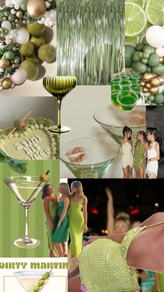 a collage of photos with green and gold accents including limes, martini glasses, champagne flutes, two women in evening dresses