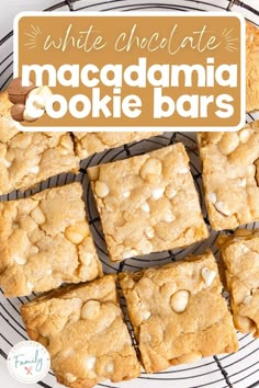 white chocolate macadamia cookie bars on a cooling rack with the title above it