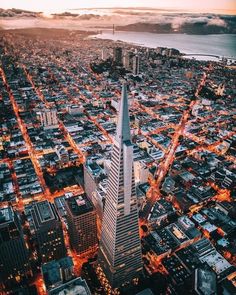 an aerial view of a city at night