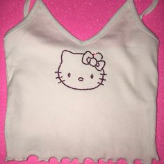 Handmade With Love This Is A White Rib Knit Cami Top With Pink Rhinestones And A Hello Kitty Design. Fits Size Small And Is Super Stretchy. 97% Cotton 3% Elastane #Hellokitty #Sanrio #Croptop #Rhinestones #Y2k Hello Kitty Aesthetic Outfit, Hello Kitty Rhinestone, Taekwondo Wallpaper, Rhinestone Crop Top, Hello Kitty Design, Y2k Hello Kitty, Y2k Fits, Kitty Clothes, Hello Kitty Clothes