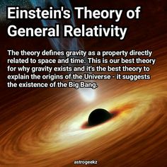 an image of a black hole in the sky with text that reads, einstein's theory of general relatity