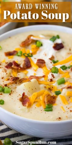 two bowls of potato soup with bacon and cheese