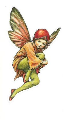 a drawing of a fairy with a red helmet and green pants, flying through the air