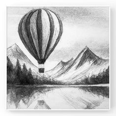 a black and white drawing of a hot air balloon in the sky with mountains behind it