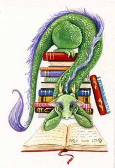 a drawing of a green dragon sitting on top of a pile of books