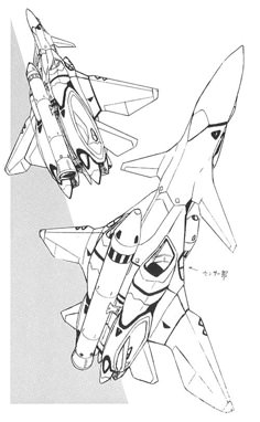 two fighter jets flying next to each other in the same drawing style, one is black and white