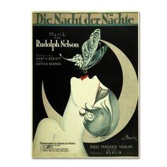 an old poster with a woman's face and a butterfly on her head in front of the moon